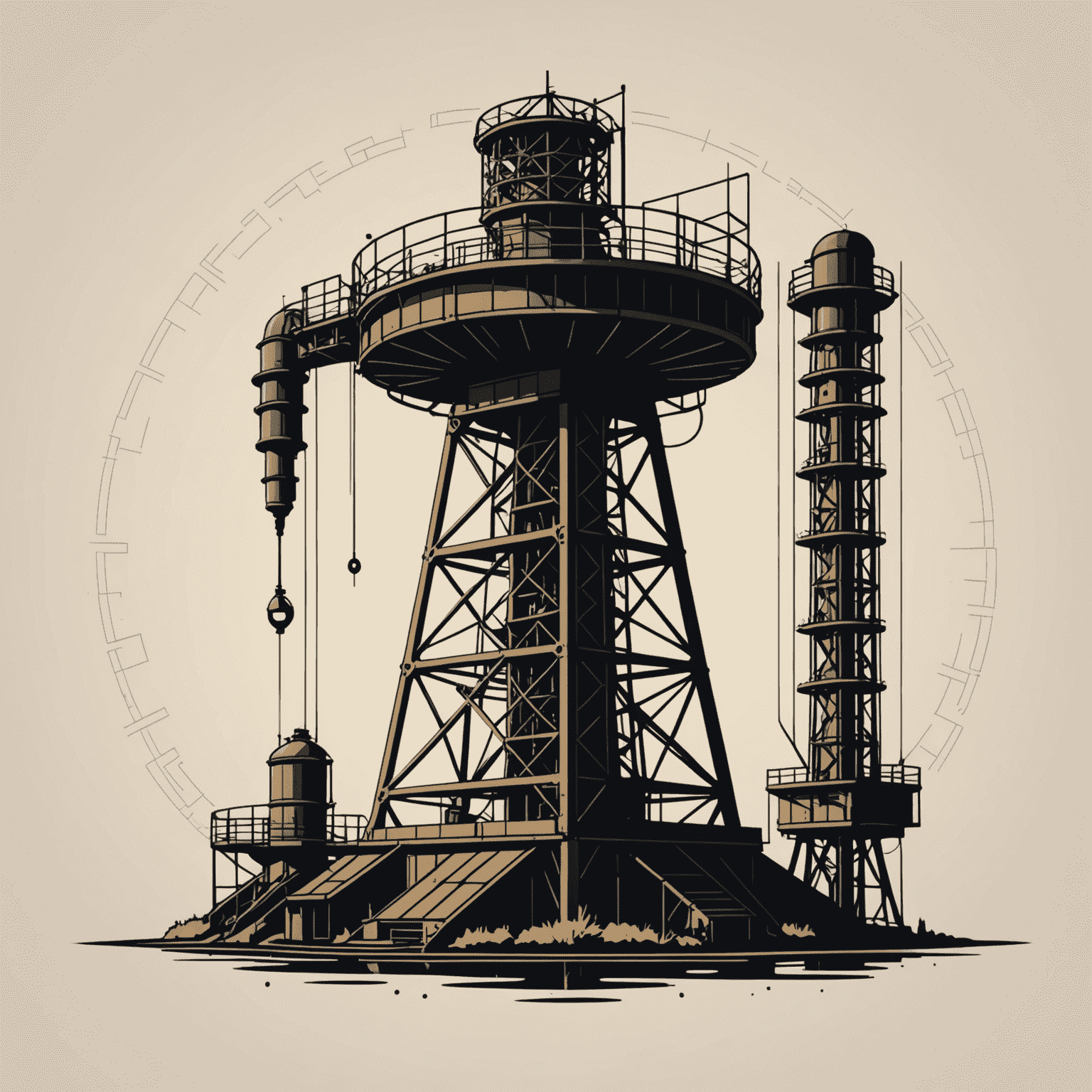 Pillboxdialect logo - A stylized oil derrick with AI circuit patterns