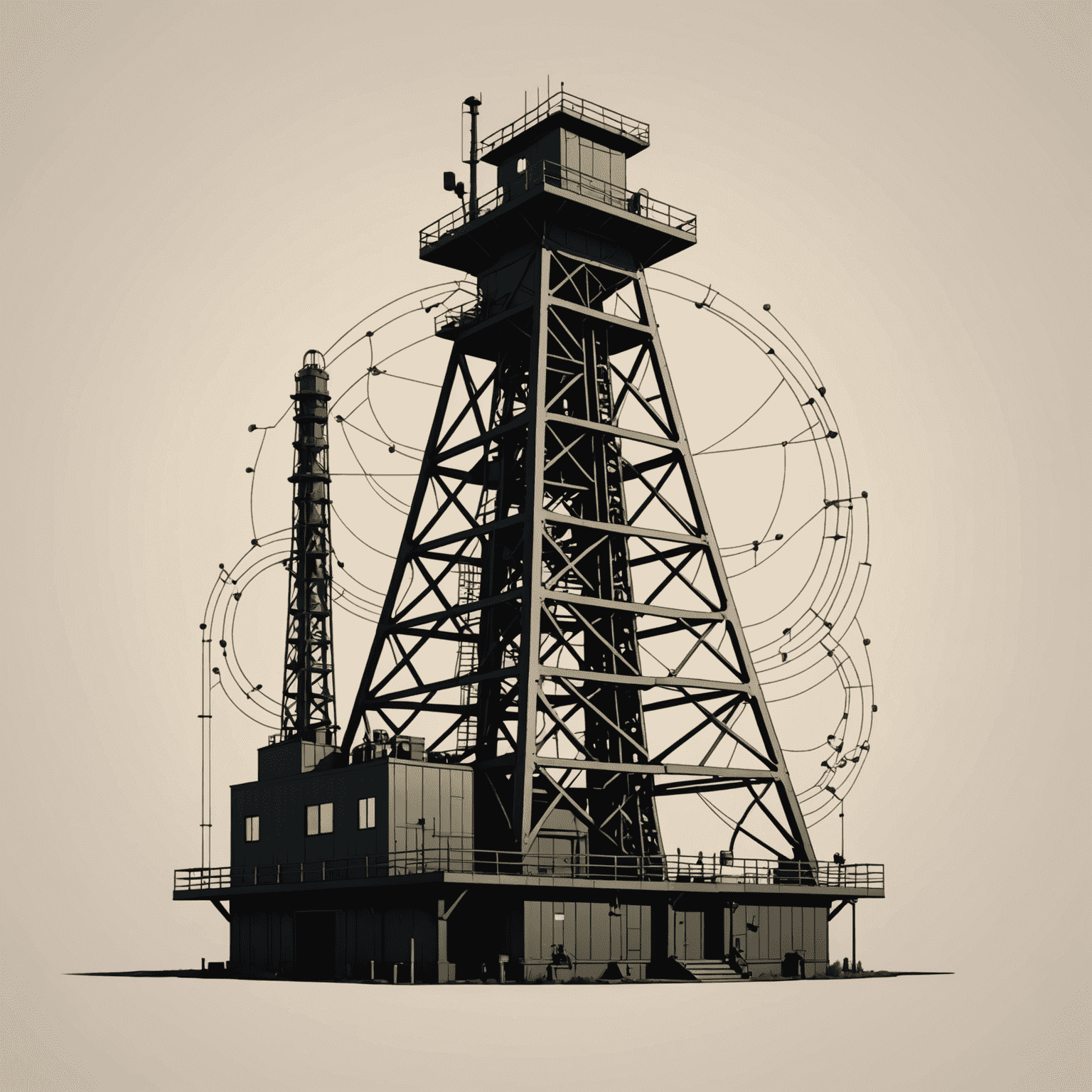 Pillboxdialect logo - A stylized oil derrick with AI circuit patterns