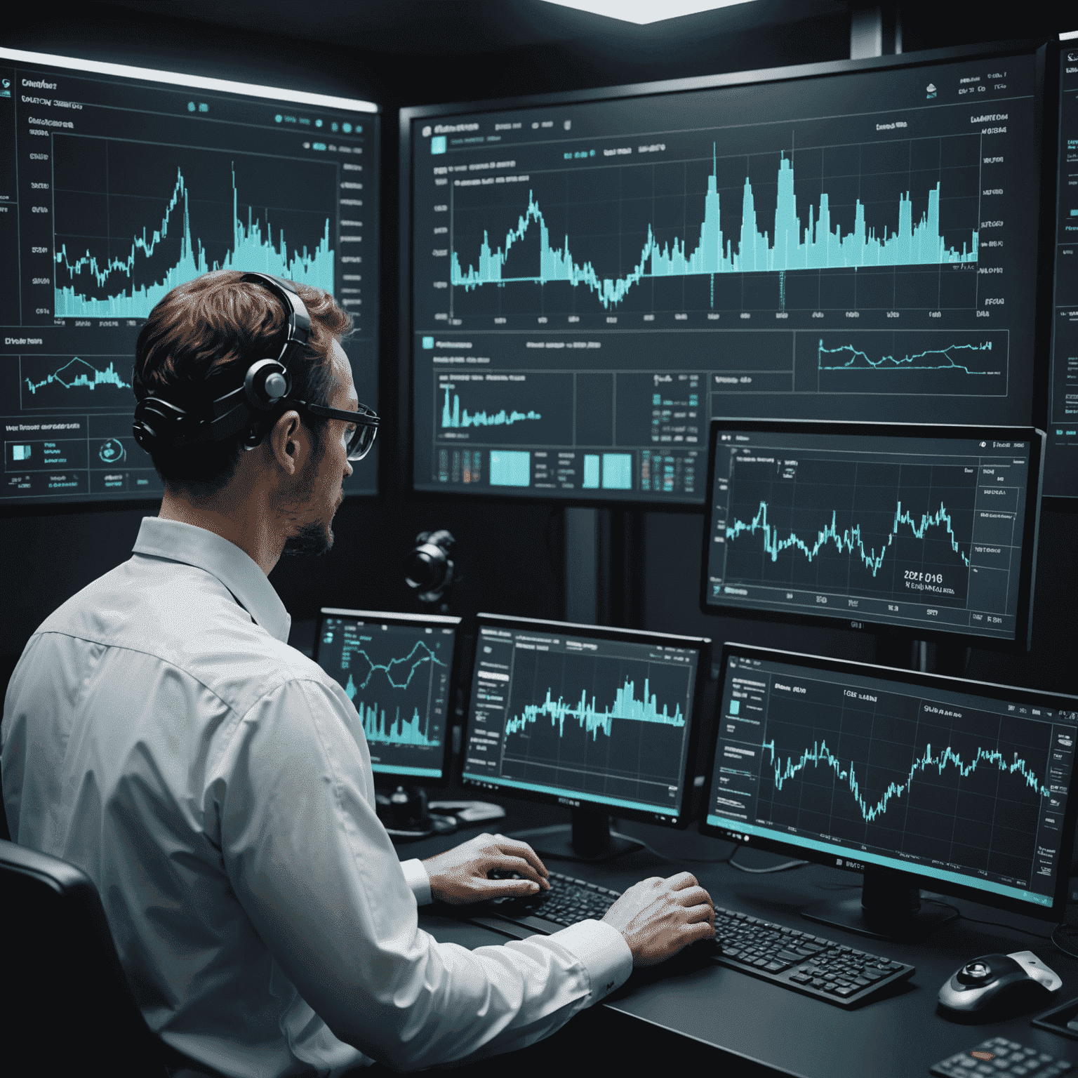 A sophisticated AI system analyzing oil industry data, with holographic displays showing charts, graphs, and oil rig schematics