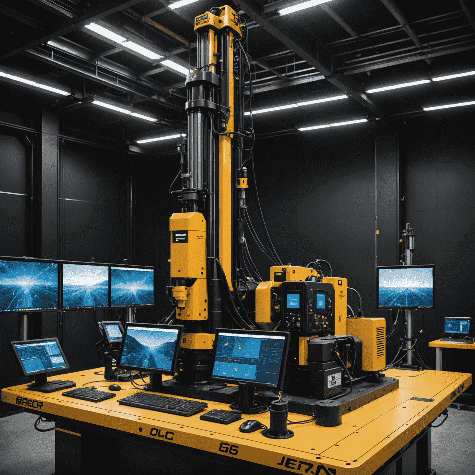 Advanced AI-powered drilling rig in operation, showcasing precision equipment and data visualization screens