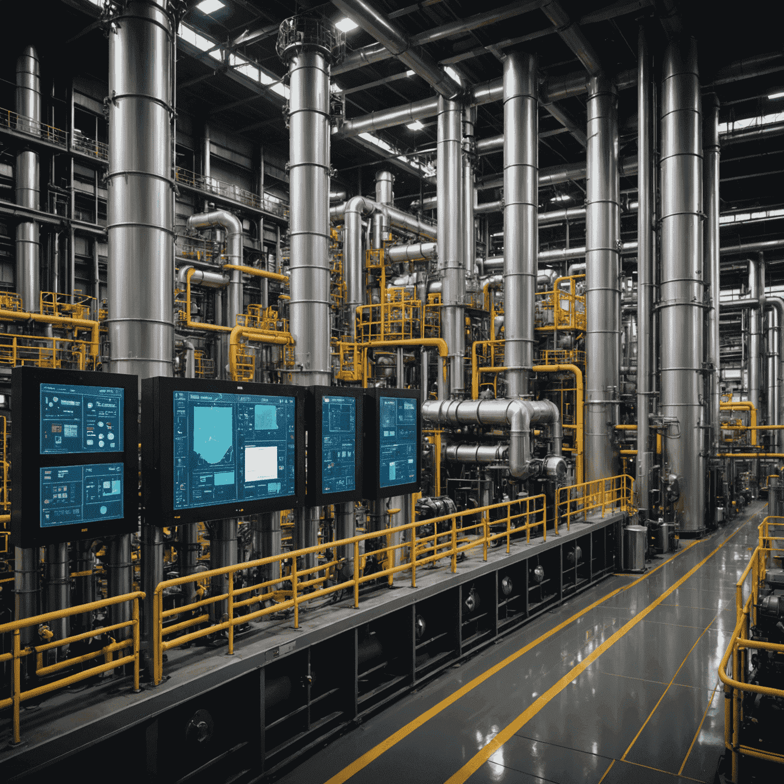 An advanced oil refinery with digital overlay showing AI-powered predictive maintenance systems in action. Holographic displays highlight equipment status and maintenance schedules.