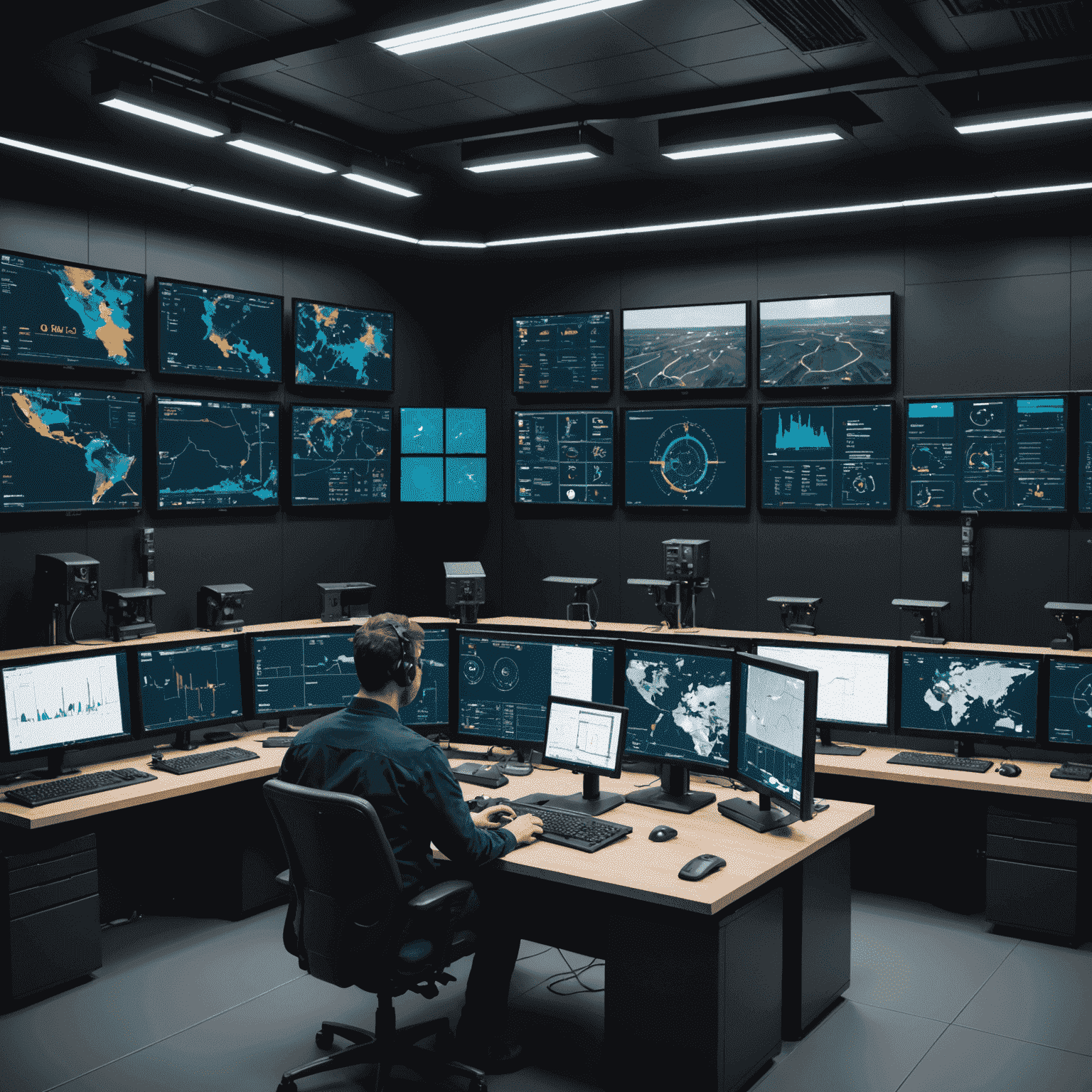 AI-powered control room for oil production optimization, showing multiple screens with real-time data analytics and 3D visualizations of oil fields