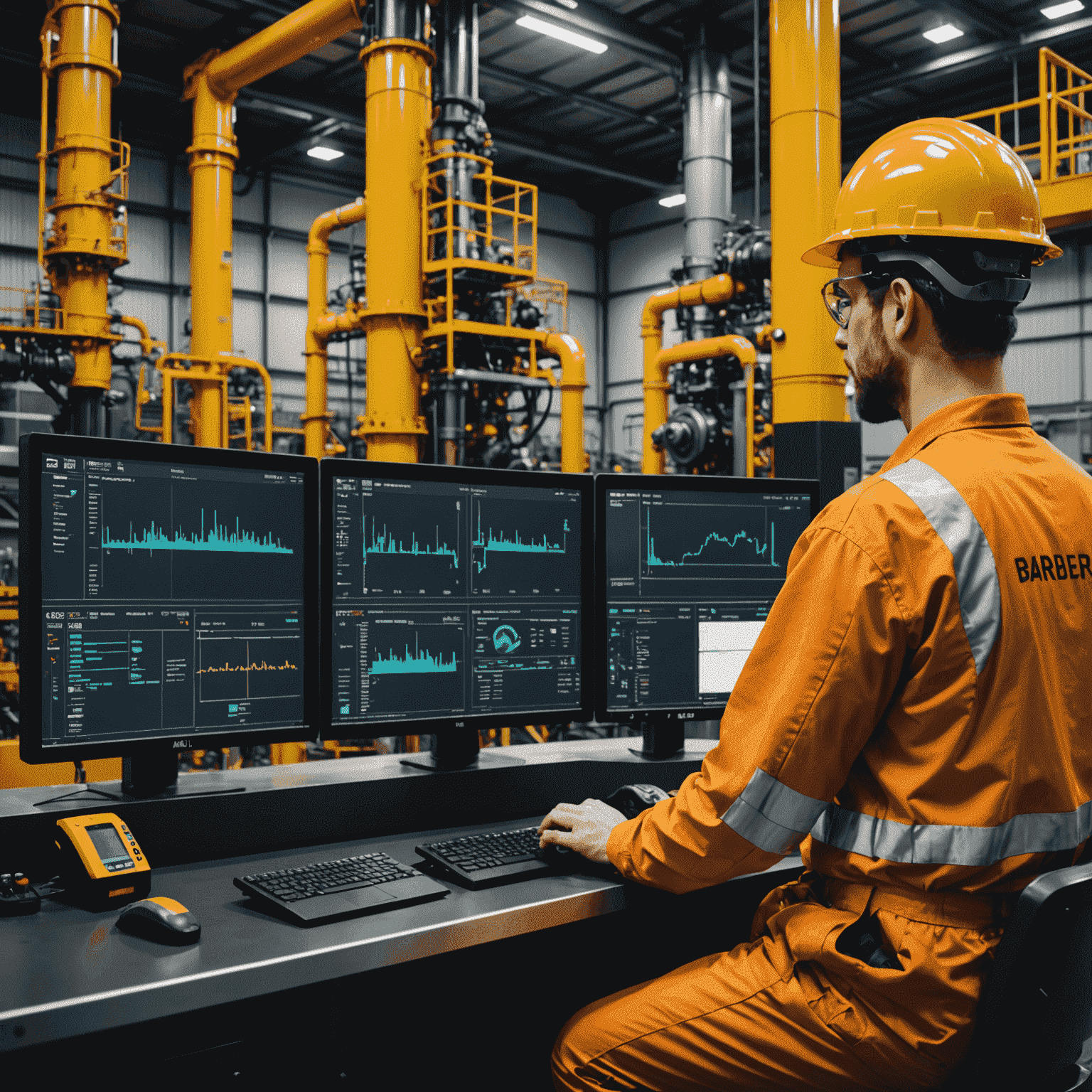 AI-powered predictive maintenance system monitoring oil industry equipment, showing real-time data analysis and equipment health status on multiple screens