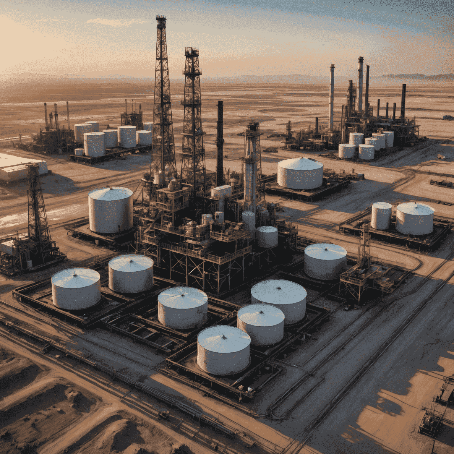 Visual representation of AI-powered risk assessment in oil investments, showing data points, graphs, and predictive models overlaid on an oil field backdrop