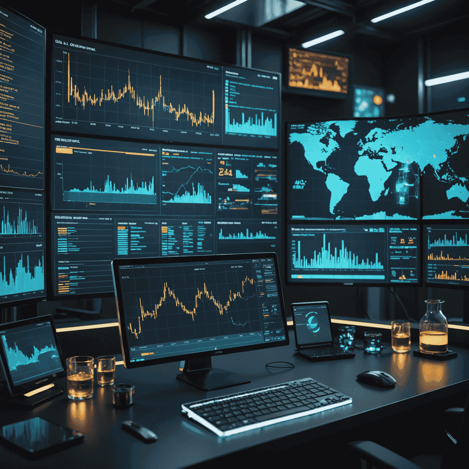 A futuristic visualization of AI analyzing oil market data, showing holographic charts, graphs, and oil rig imagery floating above a computer interface. The image conveys the advanced technology used in modern oil market analysis.