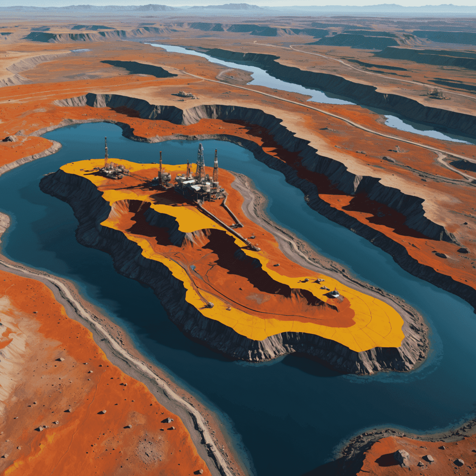 Futuristic visualization of AI analyzing geological data for oil exploration, showing 3D terrain models and data overlays