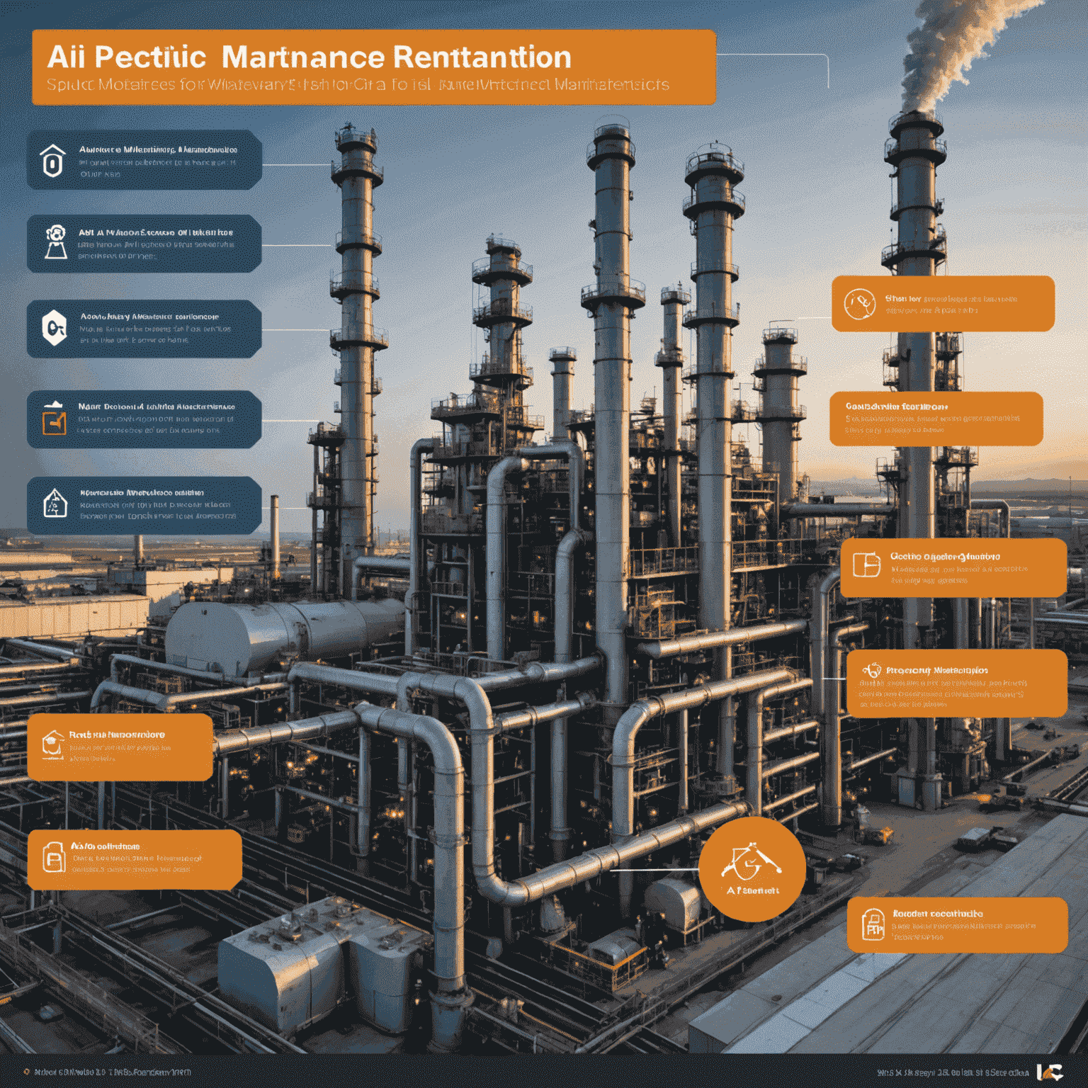 Infographic showing the process flow of AI-powered predictive maintenance in an oil refinery, from data collection through sensors to actionable maintenance recommendations