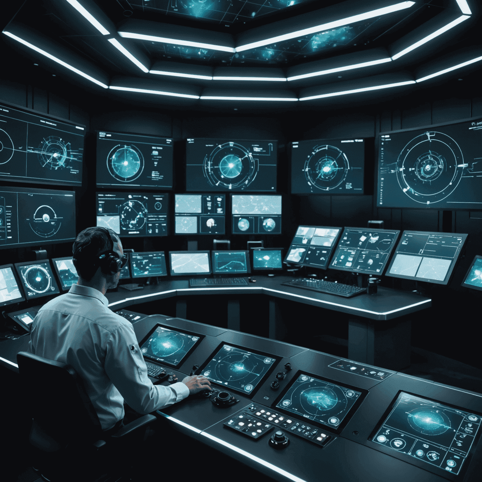 Futuristic control room with holographic displays showing AI-driven oil exploration data and autonomous drone footage