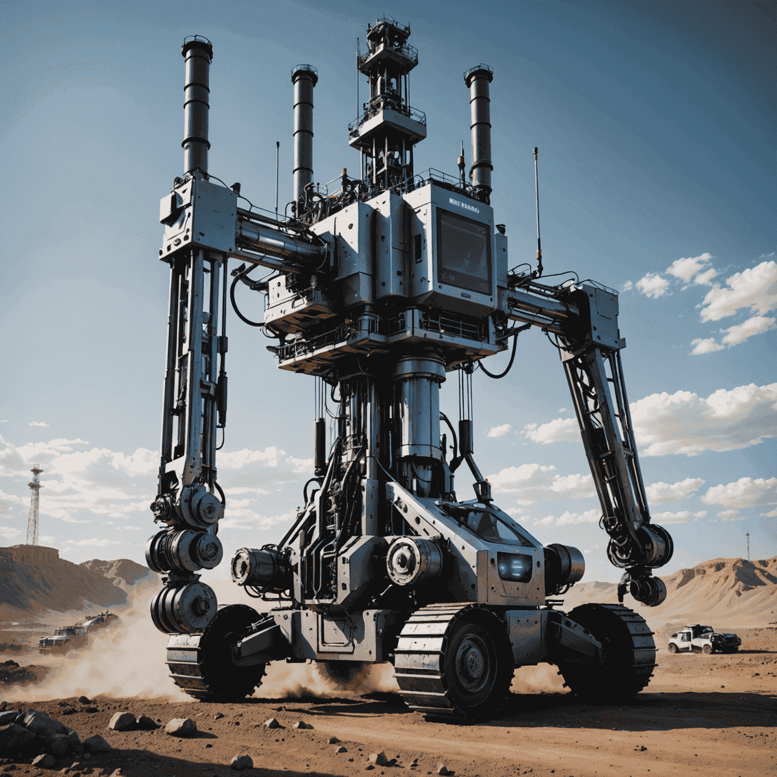 Futuristic concept of an AI-controlled autonomous drilling rig with holographic displays and robotic arms