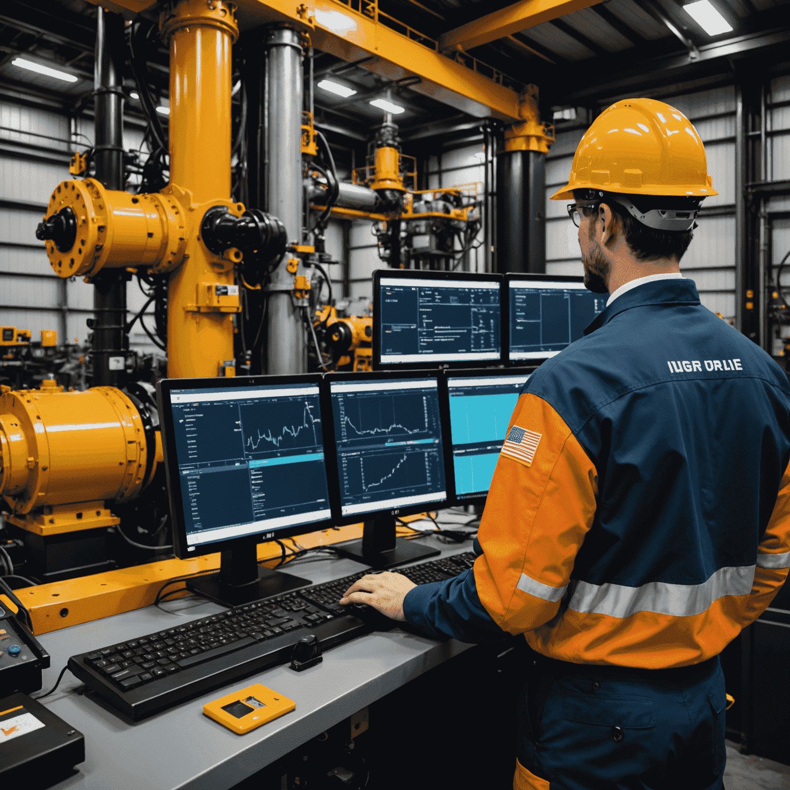 AI system monitoring oil rig equipment with predictive analytics dashboard and maintenance schedule