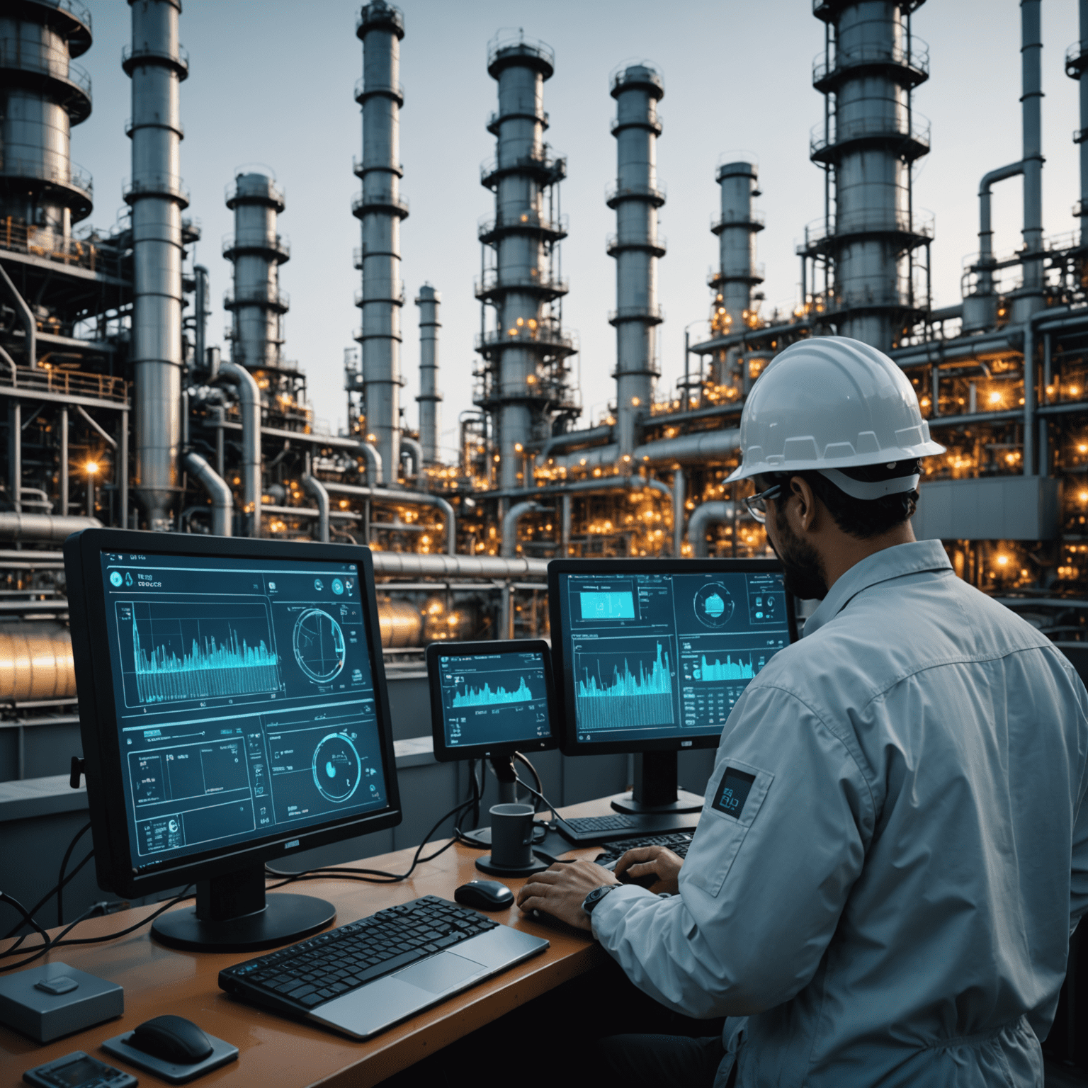 Oil refinery with holographic AI interface showing equipment health status and predictive maintenance schedules