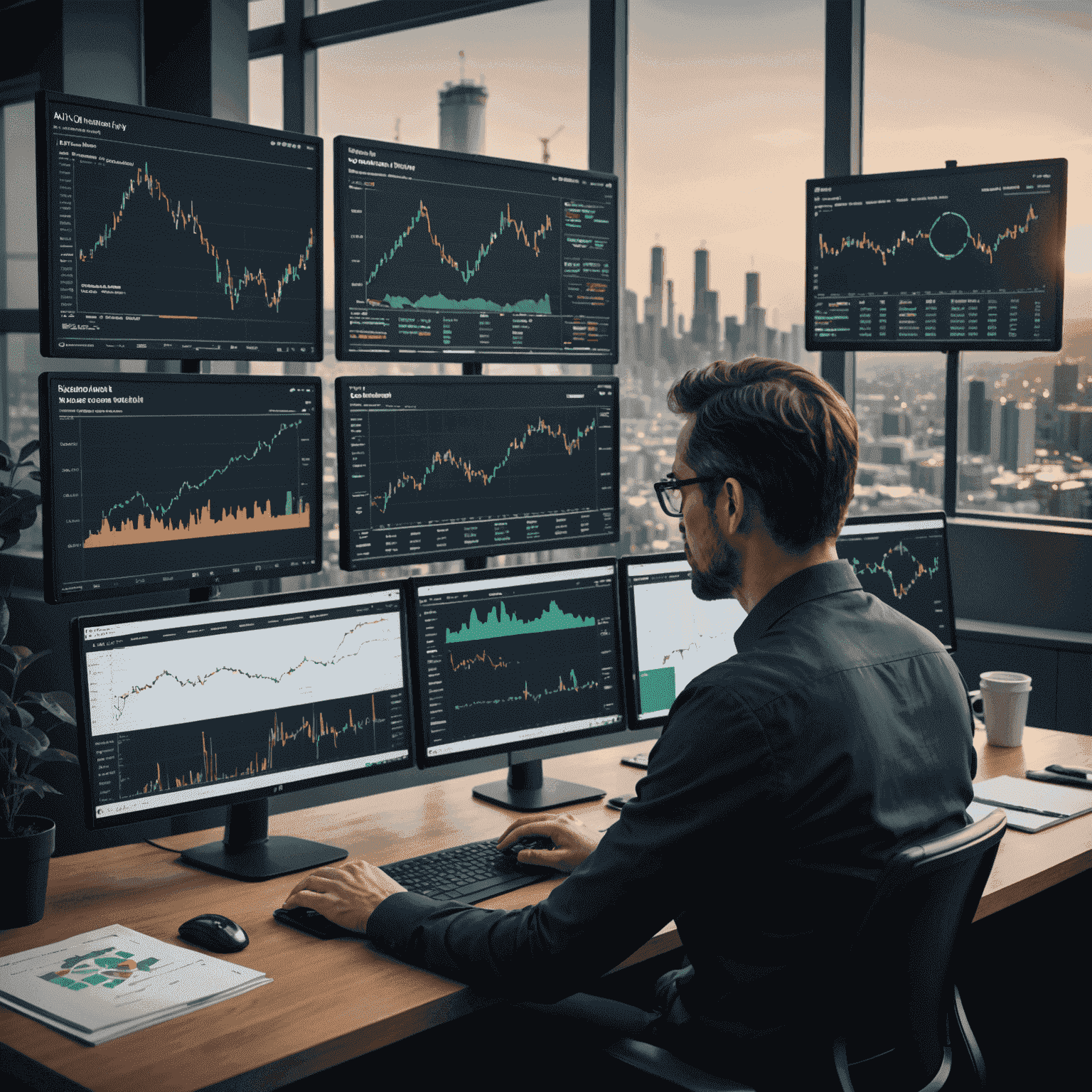 Visual representation of AI analyzing risk factors in oil investments, showing probability charts and decision trees